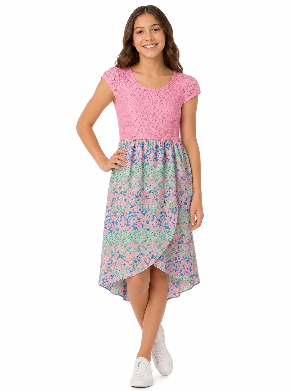 wonder nation Girls Pink Lace Bodice Floral Wrap Skirt Dress Size XL 14-16.